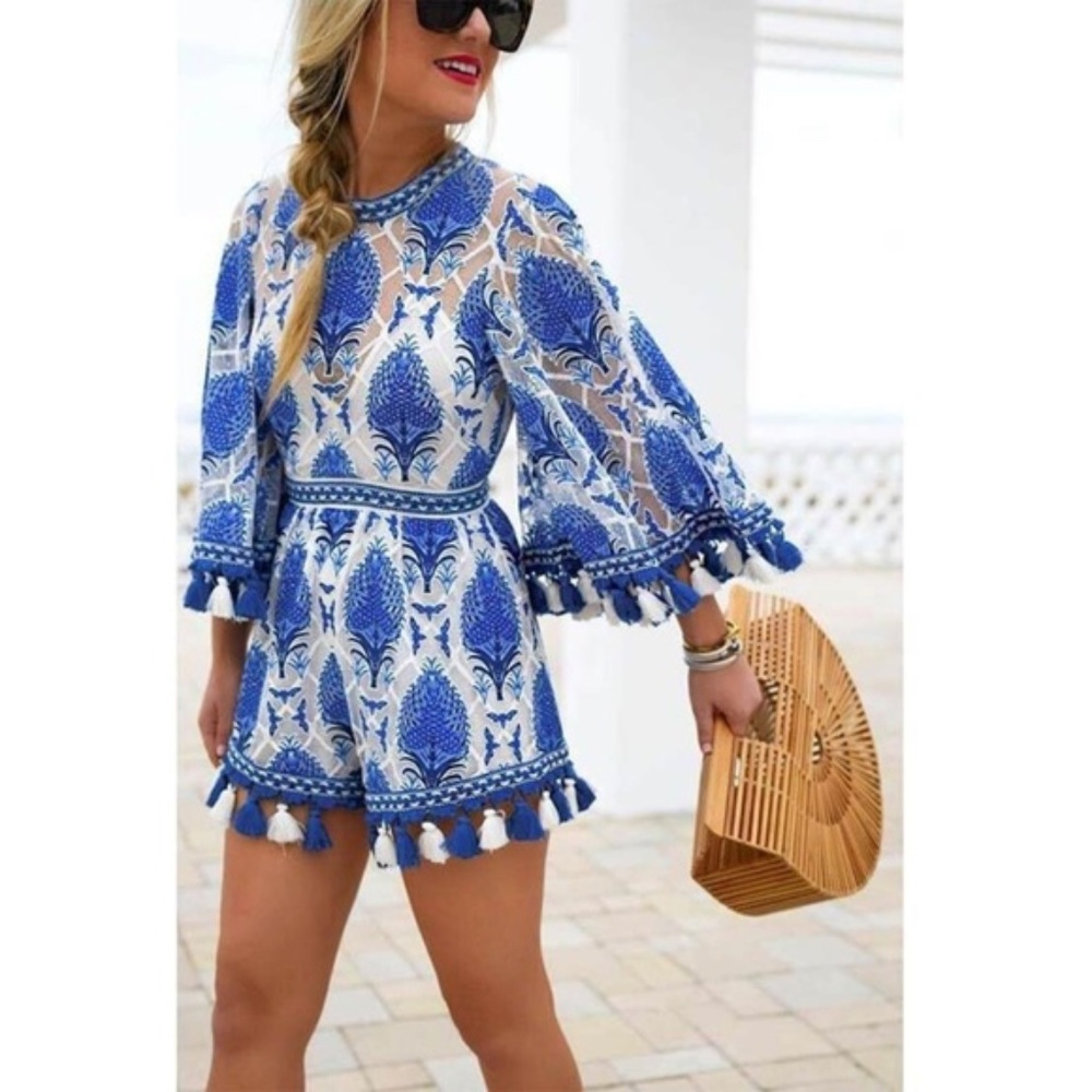 Goodnight Macaroon Stunning Lace and Tassel Blue and White Romper SMALL